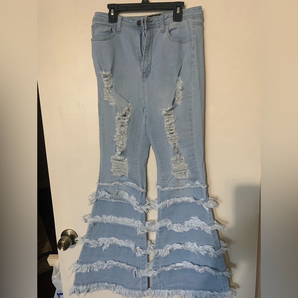 SWANK Light Blue Distressed Fringe Hem Wide-Leg Jeans - Picture 4 of 4